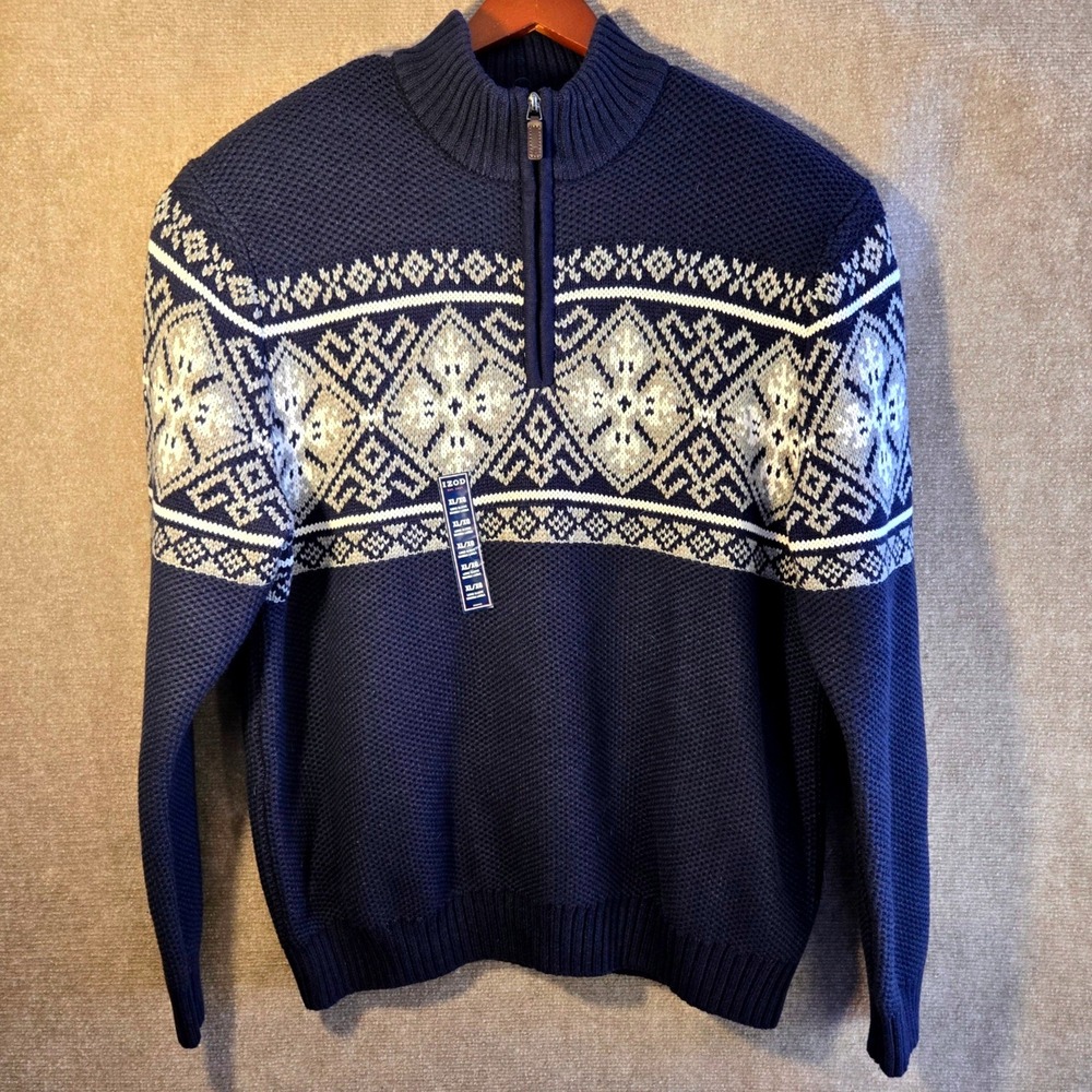 IZOD Mens Navy Blue Fair Isle 1/4‎ Zip Pullover Sweater XL Cotton Blend NWT
